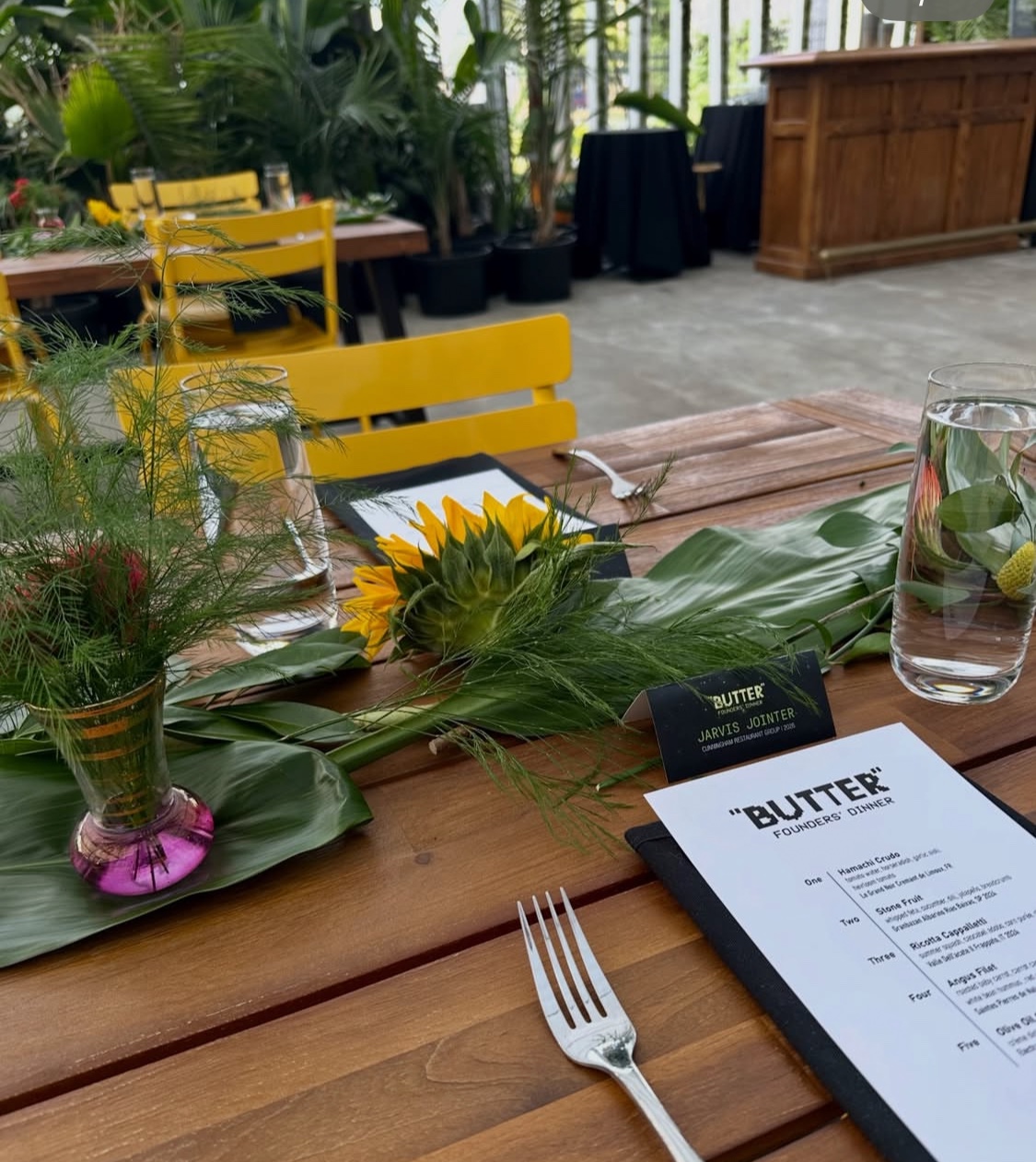BUTTER Founders' Dinner place setting with menu and guest card